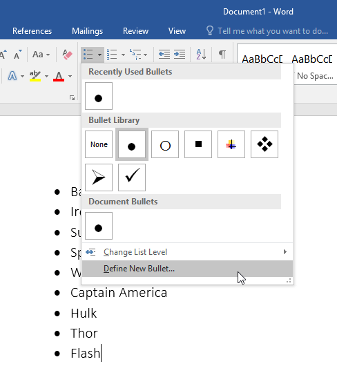 hotkey to add round bullet to word 2013