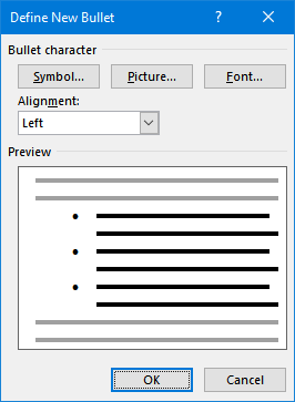 Define new picture bullet in word 2016