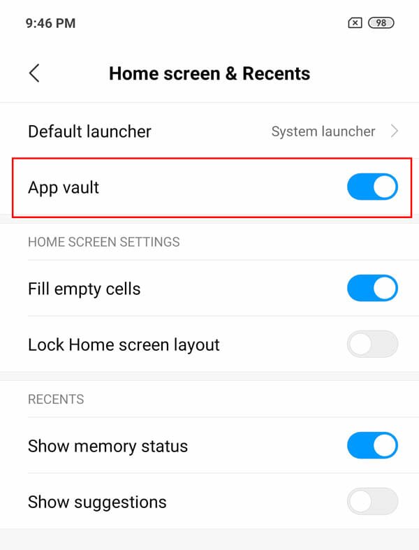 Enable App Vault Redmi Note 7 Pro