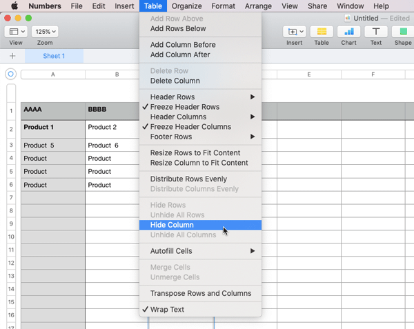 Hide Column in Numbers