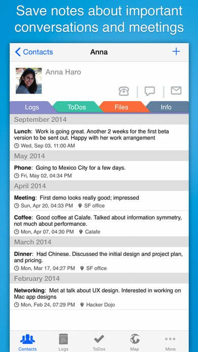 review contacts journal crm