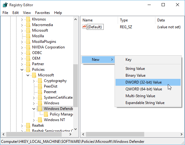 Create DWORD 32 bit value to turn off Windows defender in Windows 10
