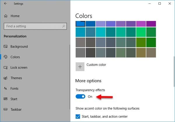 Disable Transparency effect in Windows 10