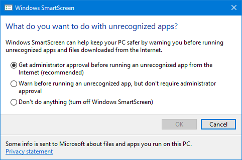 Disable Windows SmartScreen settings on windows