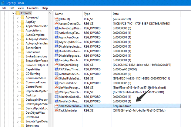 Disable Windows SmartScreen settings using Registry Editor