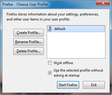 Firefox Profile Management window