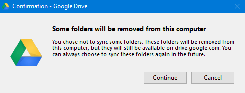 Google Drive folder removal message