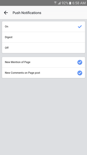 Manage push notifications in facebook pages manager