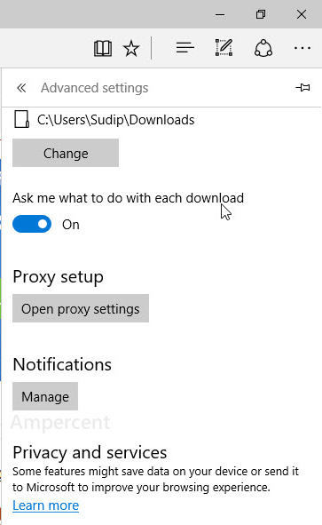 Notifications Settings of Edge in Windows 10