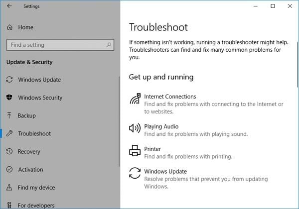 Open Troubleshooter in Windows 10