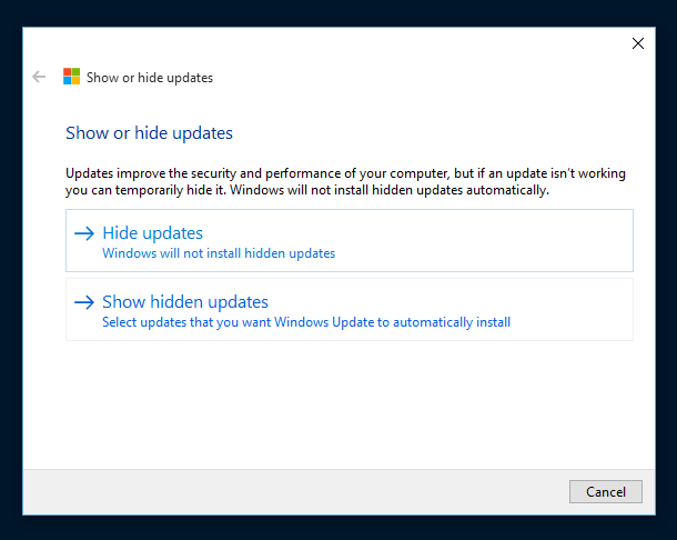 Show or hide updates in Windows 10
