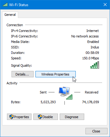 Wireless properties in windows