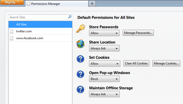 About permissions page in Firefox