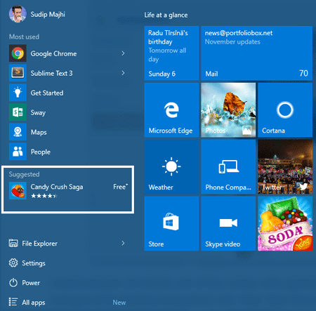 ads in Windows 10 start menu