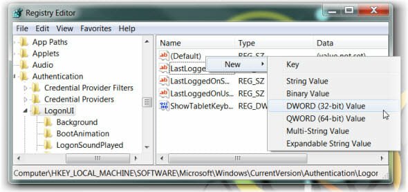 change windows 7 logon screen create new dword value