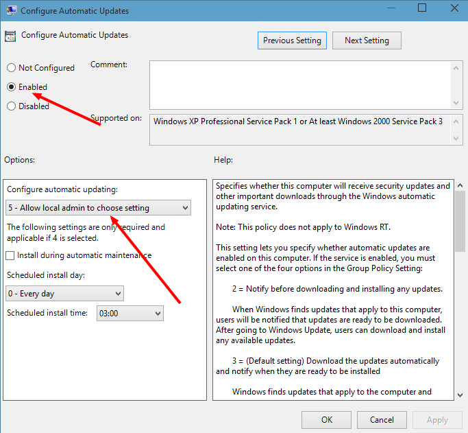 configure update setting windows 10