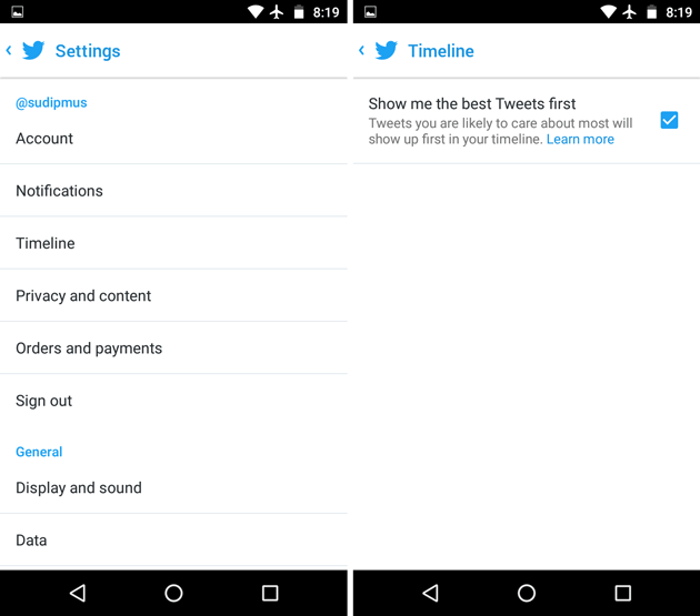 disable best tweets first on Android