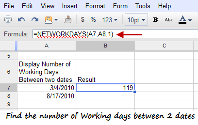 Find the Number of Working Days and Holidays Between two dates in Google Docs